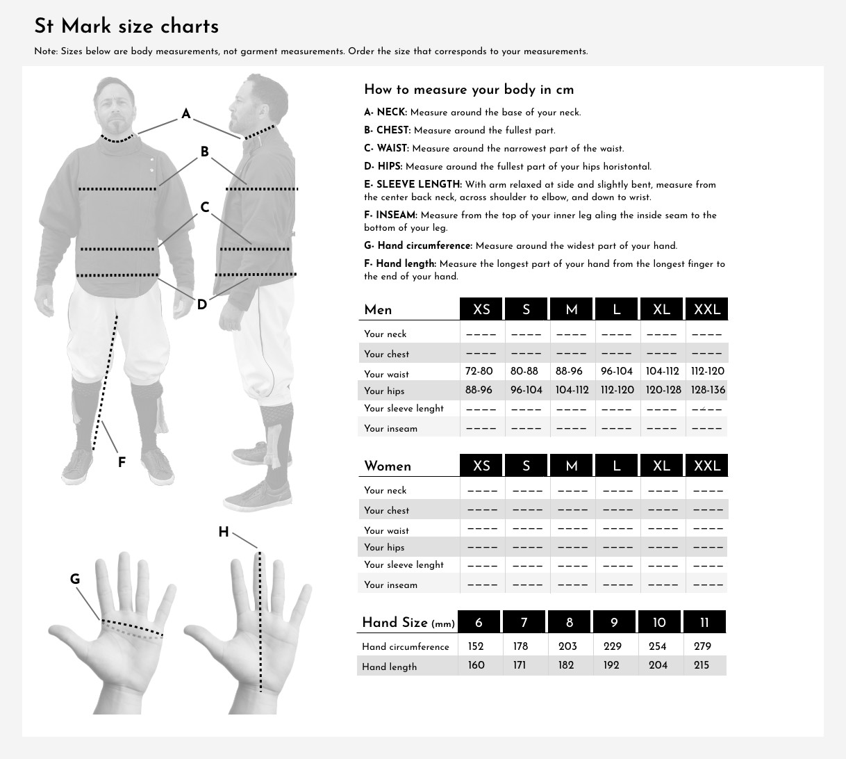 St Mark Size guide