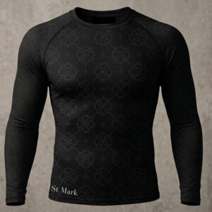 The black Rose & Cross rashguard with a rosetta and cross pattern in a subtle gray pattern